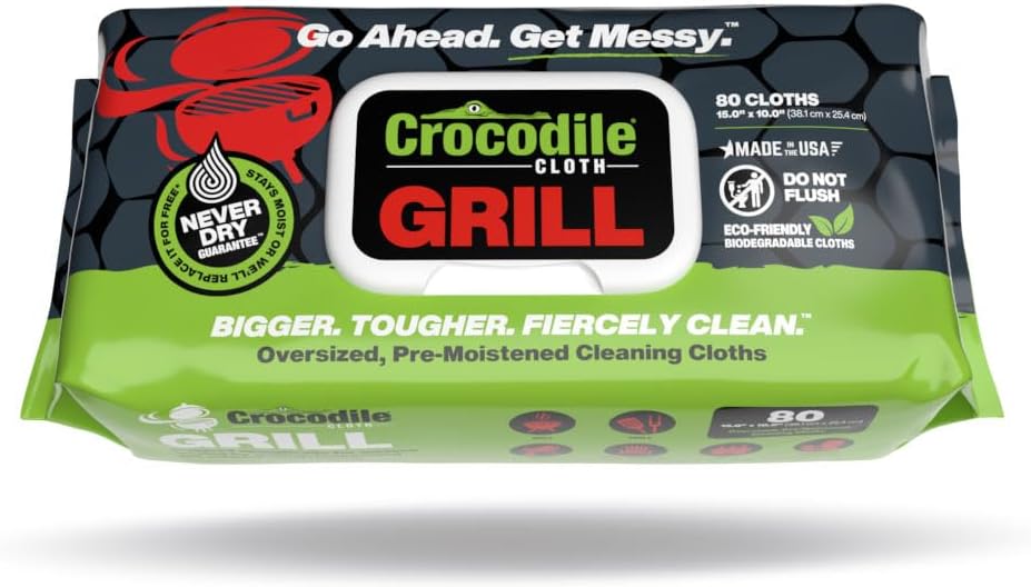 Crocodile Cloth Grill - 80 (15" x 10") Plant-based Cleaning Wipes. Safe on Skin & Multiple Surfaces. Infused with Aloe & Vitamin E. Large, Pre-Moistened & Absorbent.