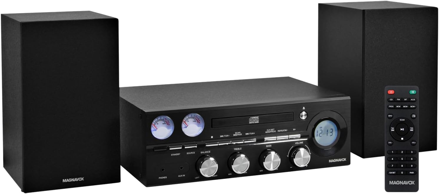 Magnavox MM451 3-Piece Tray Loading CD Shelf System with Digital PLL FM Stereo Radio, Bluetooth Wireless Technology, and Remote Control in Black | LCD Display | AUX Port Compatible |