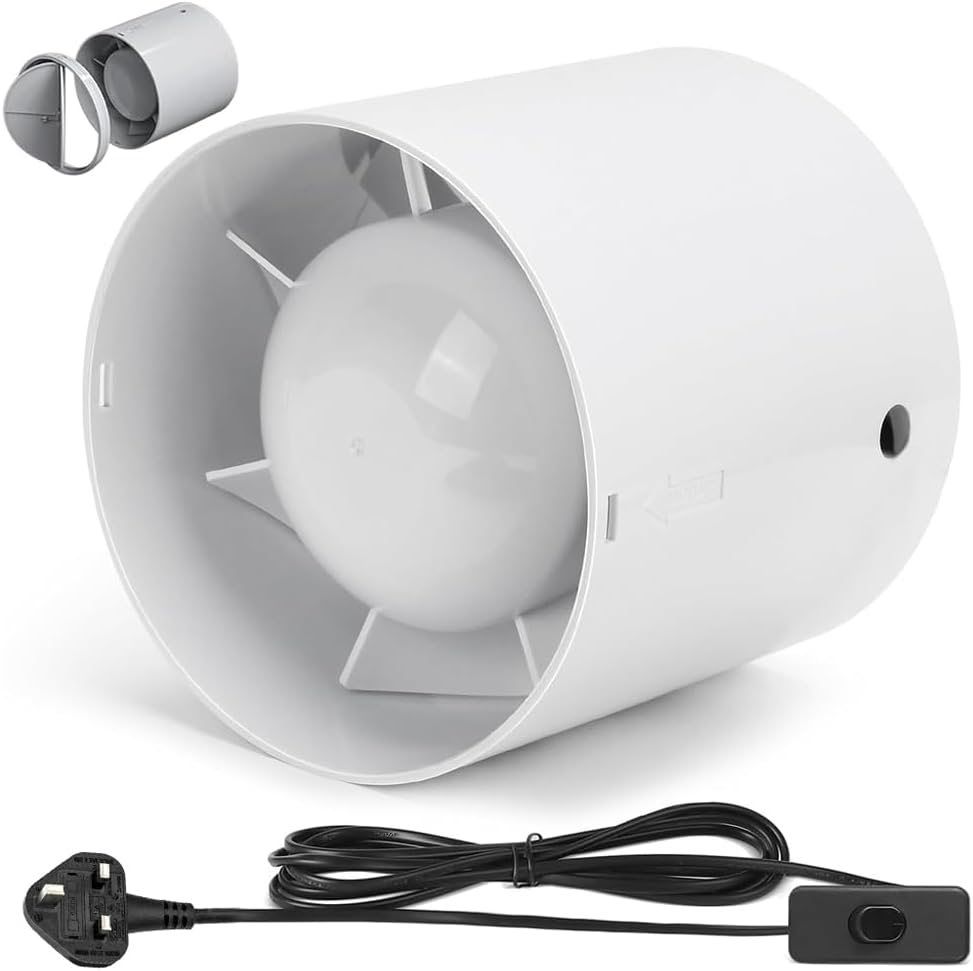 XIIW Inline Extractor Fan 100mm/4 Inch with 3M Cable, 130 m³/h 2200RPM Silent Duct Ventilation Fan with Backflow Flap for Bathroom, Office, Kitchen, Grow Room, Tent (UK Plug)