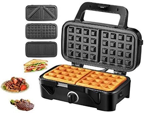 HOUSNAT Sandwich Maker, 3 in 1 Waffle Maker with Removable Plates, 1200W Panini Press with Interchangeable Non-Stick Plates, Indicator Lights, 5-gear Temperature Control (Black)