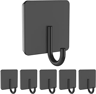 6 Pack Stainless Steel Heavy Duty Adhesive Towel Hooks for Bathrooms, Kitchen Towel Hooks, Waterproof Bathroom Hooks for Towels, Wall Hooks for Hanging, Adhesive Shower Coat Hook, Black