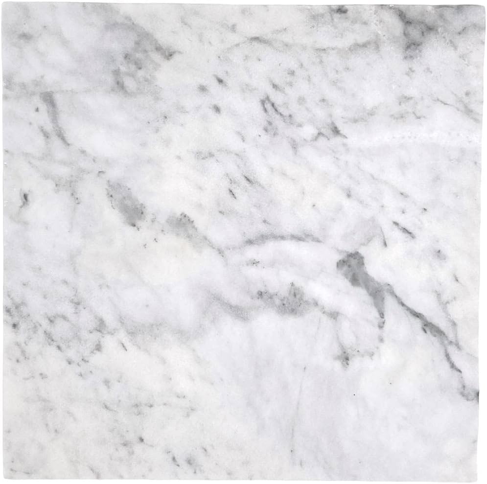 Tenedos Bianco Carrara 12x12 Polished Marble Tile, Italian White Carrera Stone for Bathroom Wall, Shower, Kitchen Backsplash, and Floor Use (1 Piece)