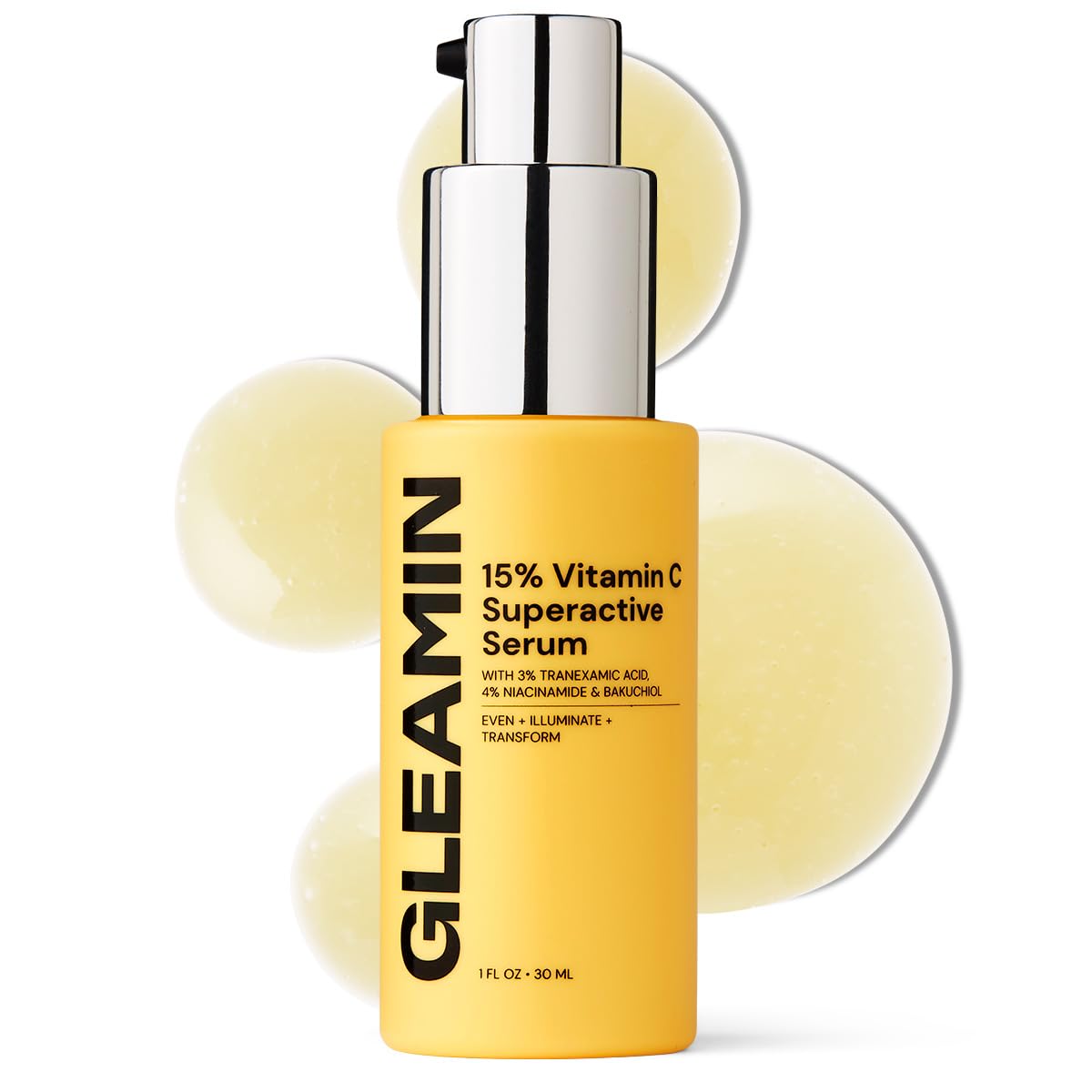 Gleamin 15% Vitamin C Serum - with 3% Tranexamic Acid, 4% Niacinamide and Bakuchiol - For Uneven Tone, Post-Blemish Visibly Brighten & Texture | Fragrance Free - 1 FL OZ