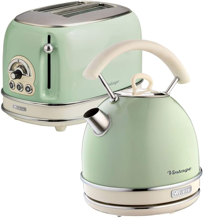 Ariete Retro Style Dome Kettle and 2 Slice Toaster Set, Vintage Design, Green