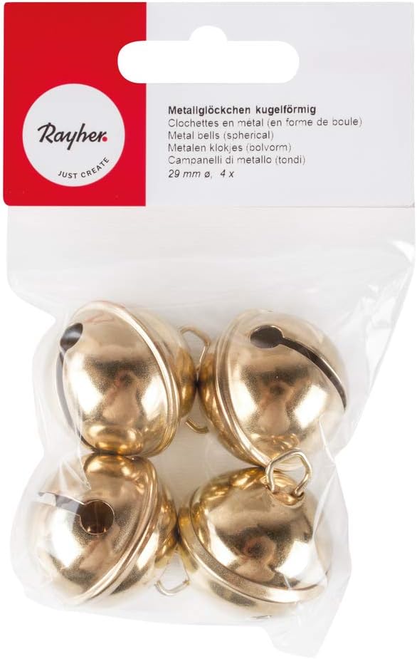 Rayher Set of Four Metal Bells for Crafting, Card Making and Seasonal Decorations, Small Jingle Bells for Wreath Making, gold, diameter 29mm, 2503406
