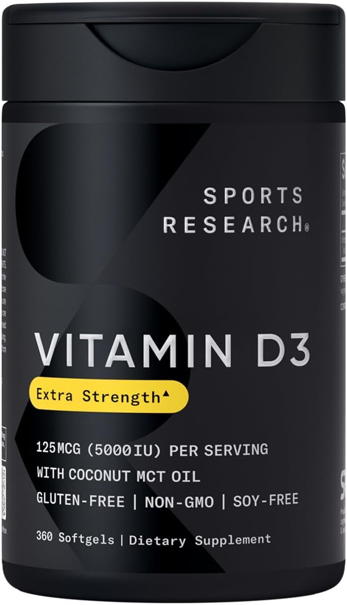 Sports Research Vitamin D3 5000 IU with Coconut MCT Oil - High Potency Vitamin D Supplement for Immune & Bone Support - Non-GMO Verified, Gluten & Soy Free – 125mcg, 360 Liquid Softgels