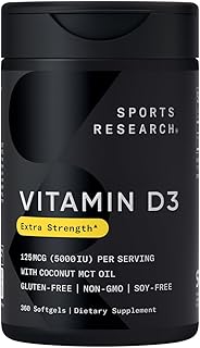 Sports Research Vitamin D3 5000 IU with Coconut MCT Oil - High Potency Vitamin D Supplement for Immune & Bone Support - Non-GMO Verified, Gluten & Soy Free – 125mcg, 360 Liquid Softgels