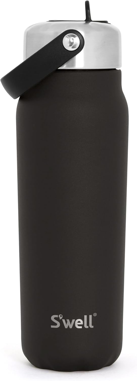 S'well Recycled Stainless Steel Explorer with Flip Straw Lid, 700ml, Onyx Black, Triple Layered Vacuum Insulated Containers Keeps Drinks Cold for 36 Hours and Hot for 8, BPA Free