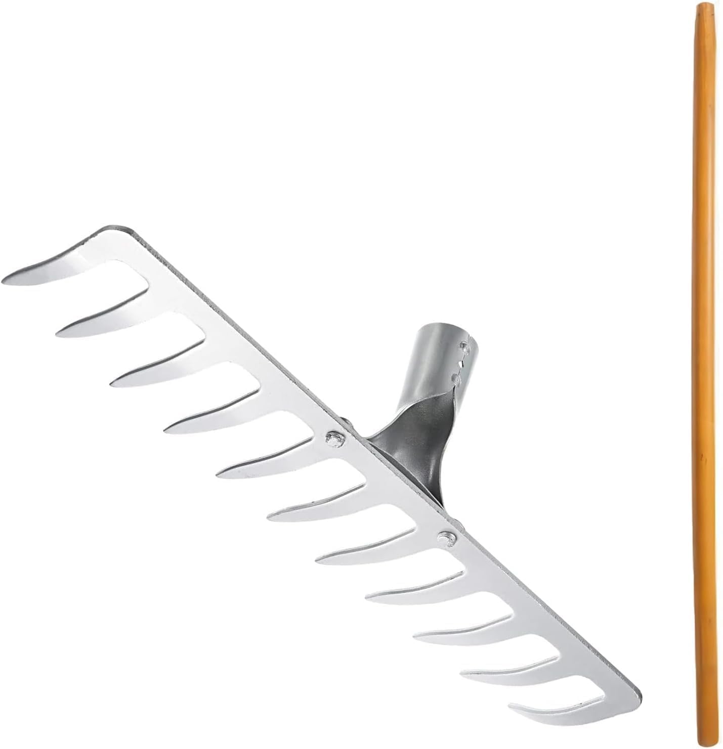 WY8 11 Teeth Garden Rake – Heavy Duty Manganese Steel Stone Rake with 120cm Wooden Handle – Durable Landscaping & Gardening Rake for Soil, Gravel & Leaves (42x11cm)