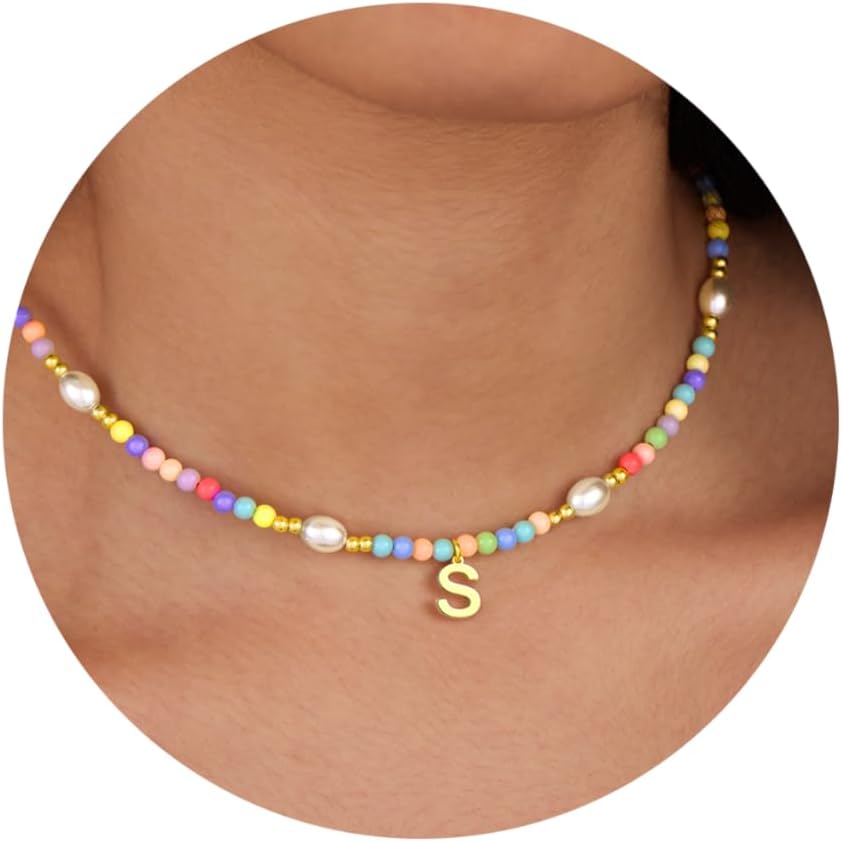 Colorful Initial Necklace for Girls – Trendy Dainty Beaded Choker with Letter Pendant, 14K Gold Plated, Cute Personalized Jewelry Gift for Kids, Teens, Women, Birthday, Christmas, Lockets