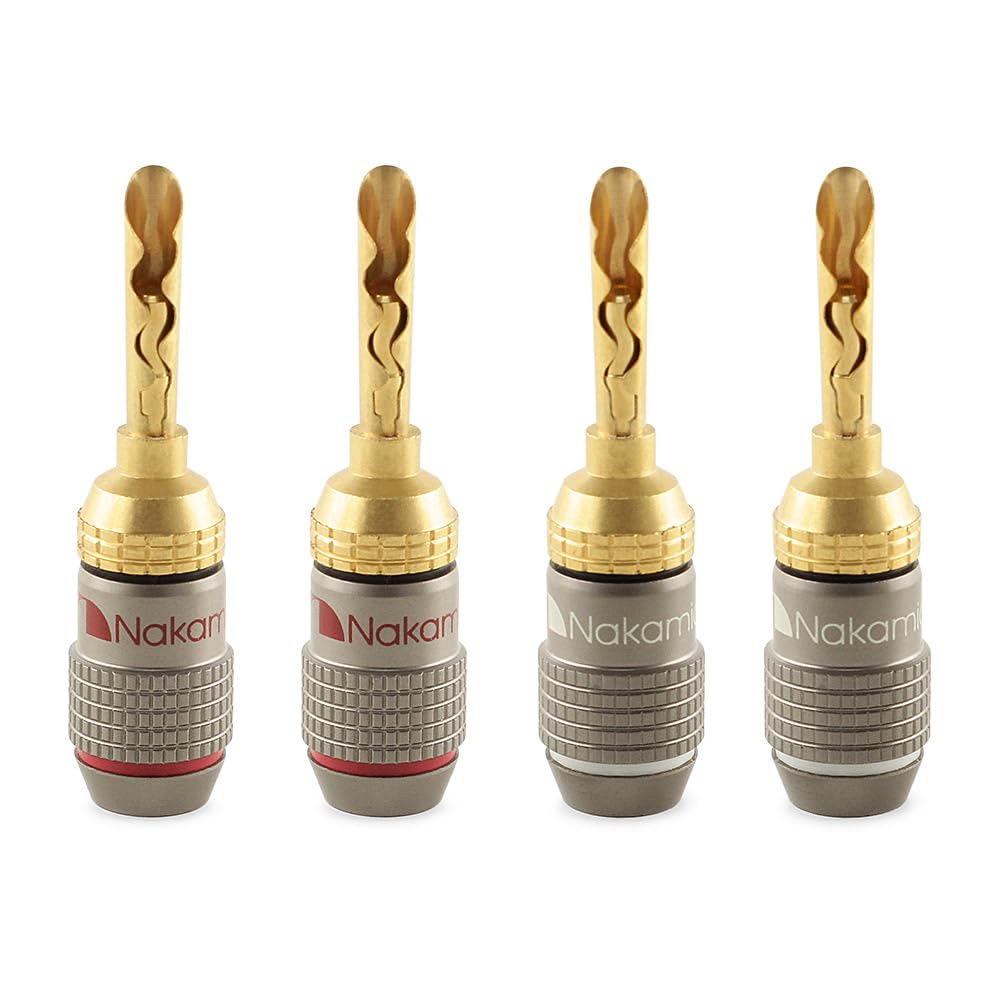 Nakamichi FanLock Excel Series 24k Gold Plated BFA Banana Plug 10 AWG - 18 AWG Gauge Size 4mm for Speakers Amplifier Hi-Fi Stereo Home Theatre Radio Audio Wire Cable Quick Connector, 4 Pcs (2-Pairs)