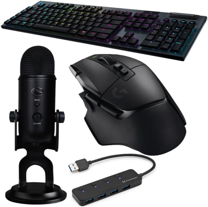 Logitech G G915 LIGHTSPEED Wireless RGB Mechanical Gaming Keyboard (GL Tactile) Bundle with Wireless Gaming Mouse (Black), USB Microphone (Blackout), and 4-Port USB 3.0 Hub (4 Items)