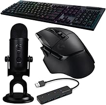 Logitech G G915 LIGHTSPEED Wireless RGB Mechanical Gaming Keyboard (GL Tactile) Bundle with Wireless Gaming Mouse (Black), USB Microphone (Blackout), and 4-Port USB 3.0 Hub (4 Items)
