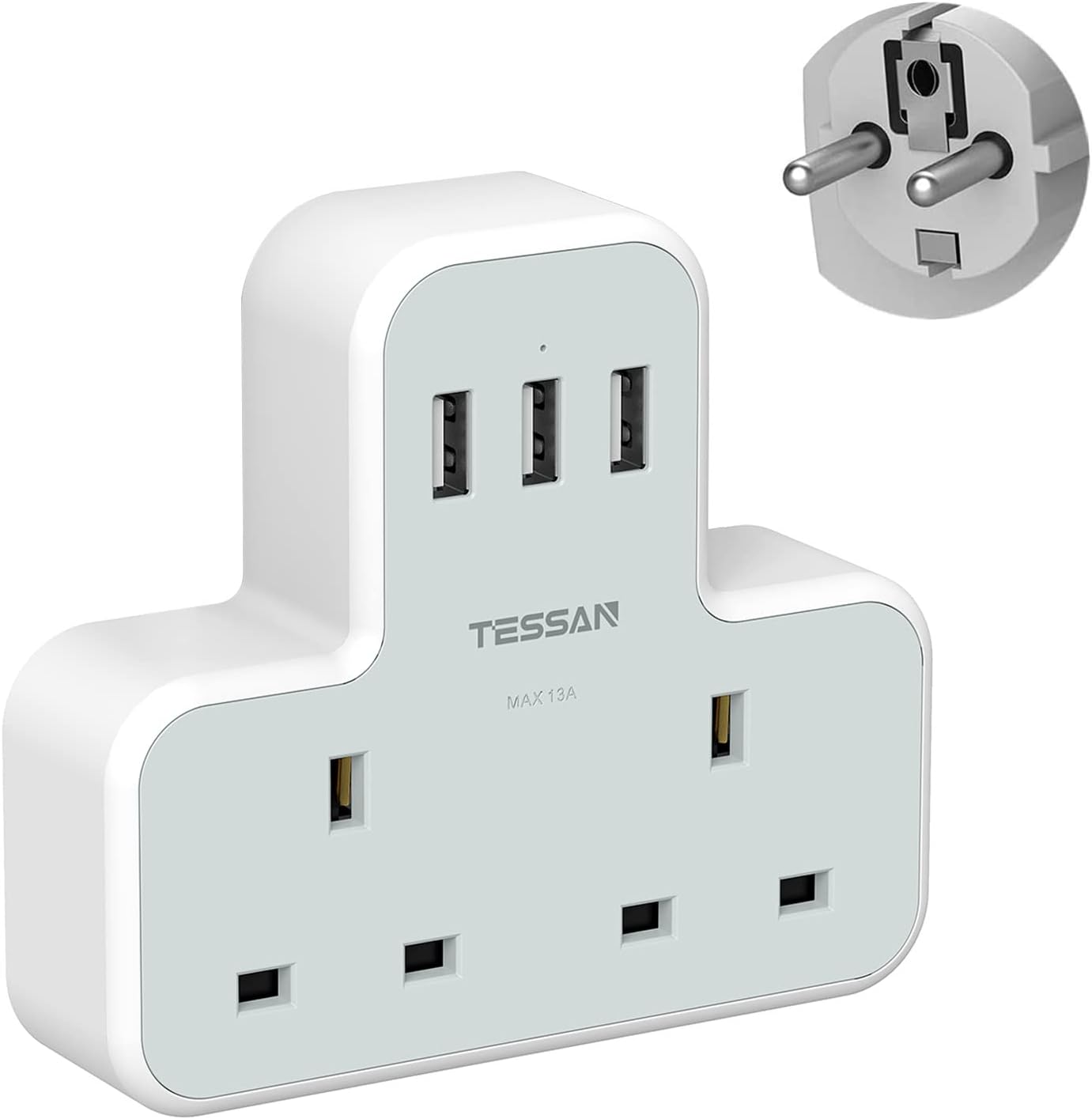 UK to European Plug Adapter, TESSAN Grounded Schuko European Plug Travel Adapter with 3 USB, UK to EU Euro Europe for Spain France Iceland Germany Greece Poland Type E F Adaptor