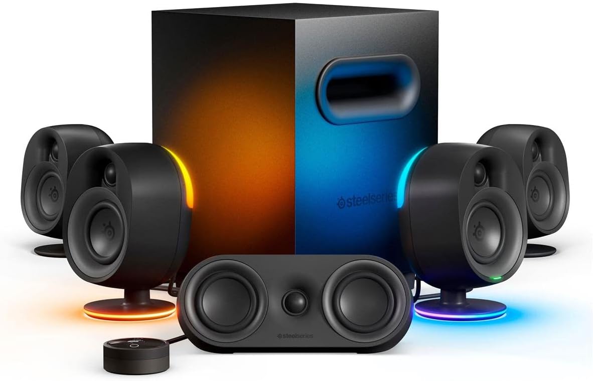 SteelSeries Arena 9 Illuminated 5.1 Desktop Gaming Speakers – 5.1 USB Surround Sound – Wireless Rear Speakers – 2-Way Speaker Design – Subwoofer – RGB Light, Bluetooth – PC, PlayStation, Mobile, Mac