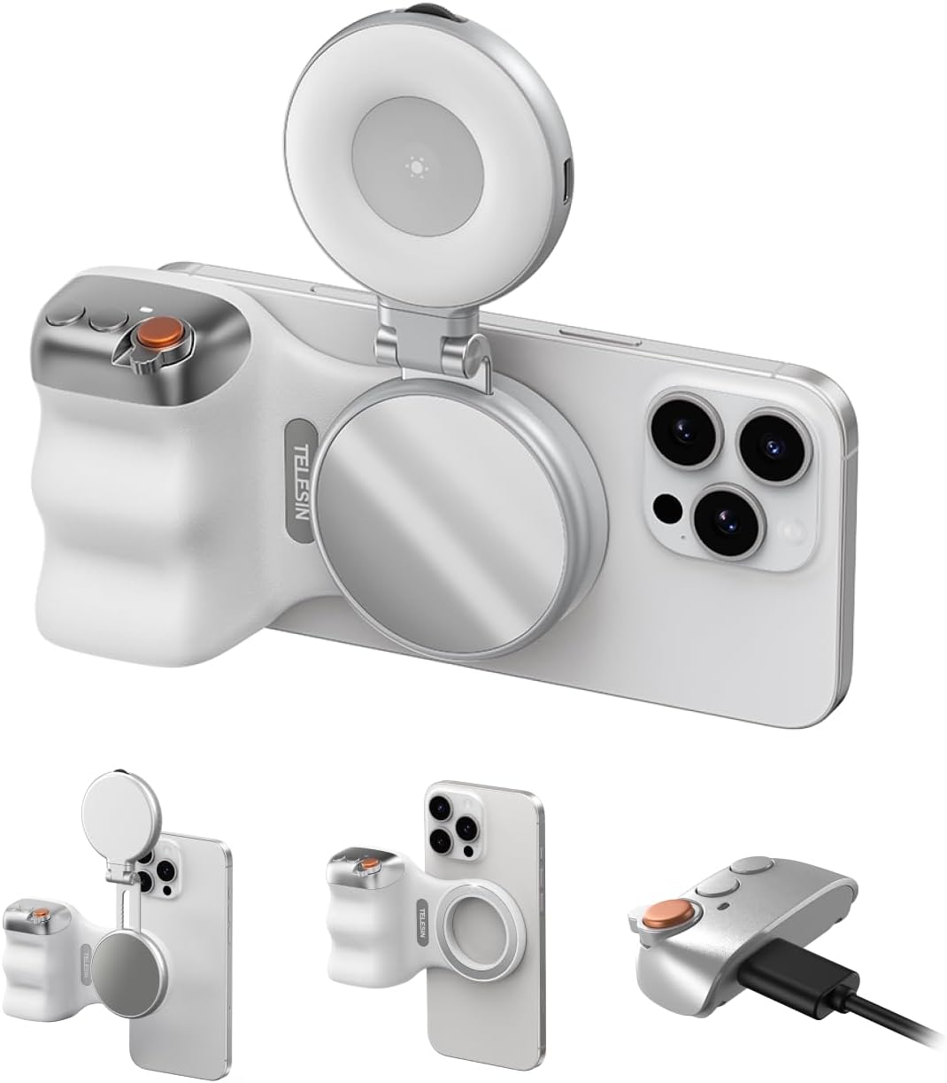 TELESIN Fun Shot Magnetic Phone Camera Grip + C03 Magnetic Selfie Light (Silver) Bundle Kit Compatible with iPhone Magsafe & Android, Creator Kit for Selfies/Photography/TikTok/Zoom Calls/Video