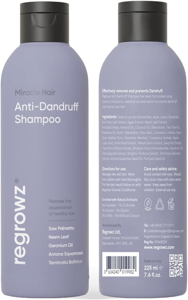 Regrowz Anti-Dandruff Shampoo 225ml – Soothes Itchy, Dry Scalp & Eliminates Flakes | Deep Hydration for Healthy, Vibrant Hair | Powerful Dandruff Treatment