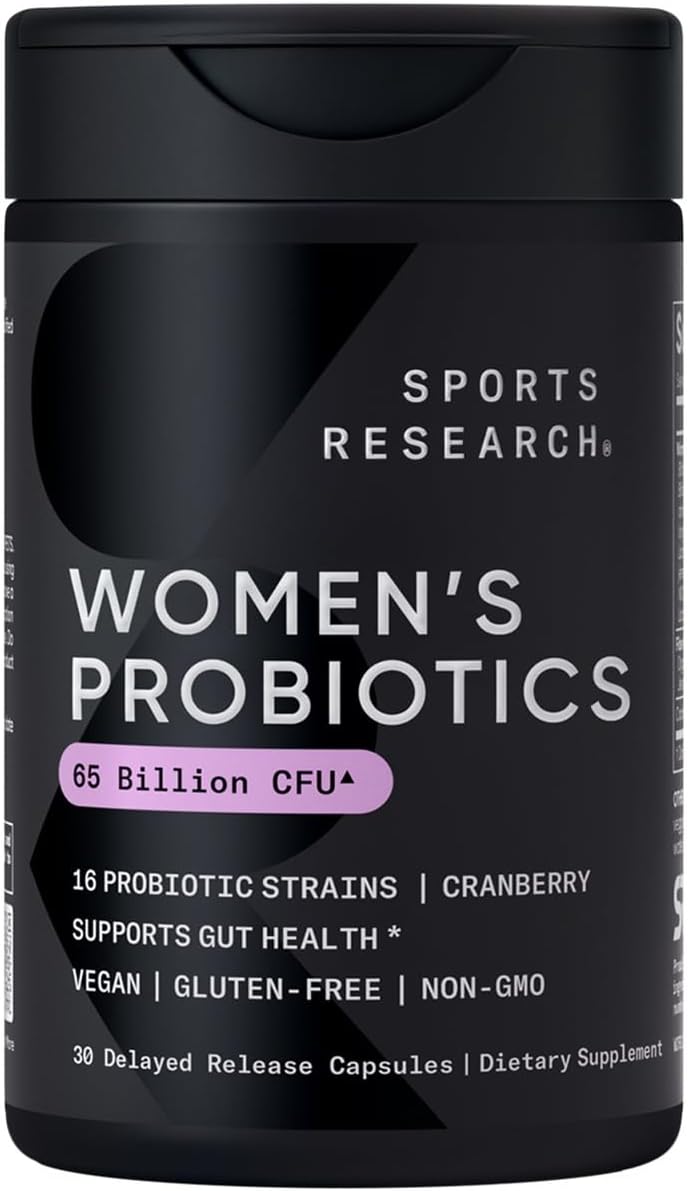 Sports Research Probiotics with Prebiotics & Cranberry | Women's Probiotic Blend with 65 Billion CFU at Expiration | Gluten Free, Non-GMO Verified & Vegan Certified (30 Count)