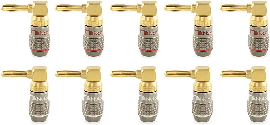 Nakamichi FanLock Excel Series 24k Gold Plated Right-Angle 90 Degree Banana Plug 10 AWG - 18 AWG Gauge Size 4mm for Speakers Amplifier Hi-Fi Home Theatre Wire Cable Quick Connector, 10 Pcs (5-Pairs)