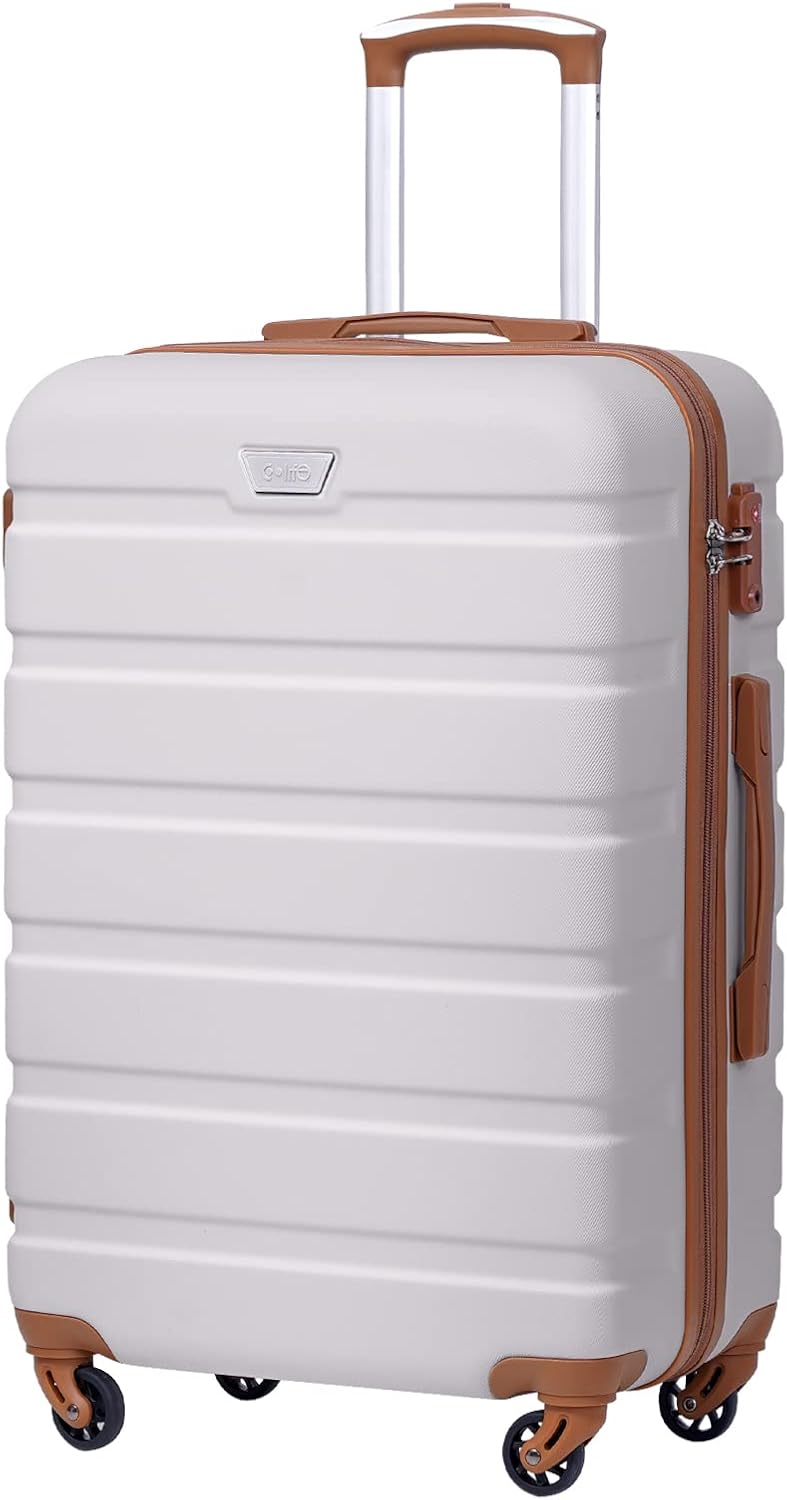 COOLIFE Suitcase Trolley Carry On Hand Cabin Luggage Hard Shell Travel Bag Lightweight with TSA Lock and Durable 4 Spinner Wheels (White/Brown, S(56cm 38L))