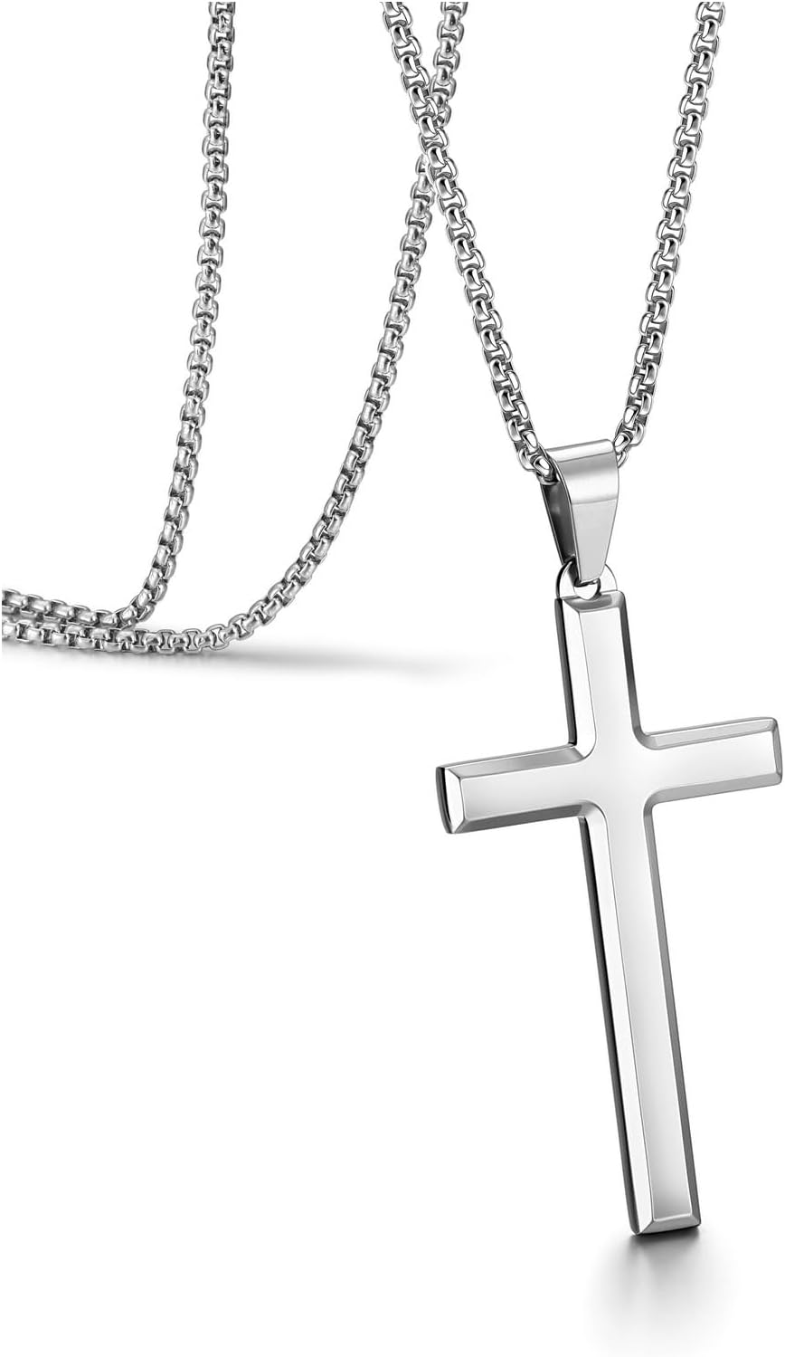 JOVIVI Silver Cross Necklace for Men Women,Stainless Steel Mens Cross Crucifix Pendant Chain Necklace for Boys Men's Jewellery Christian Gifts