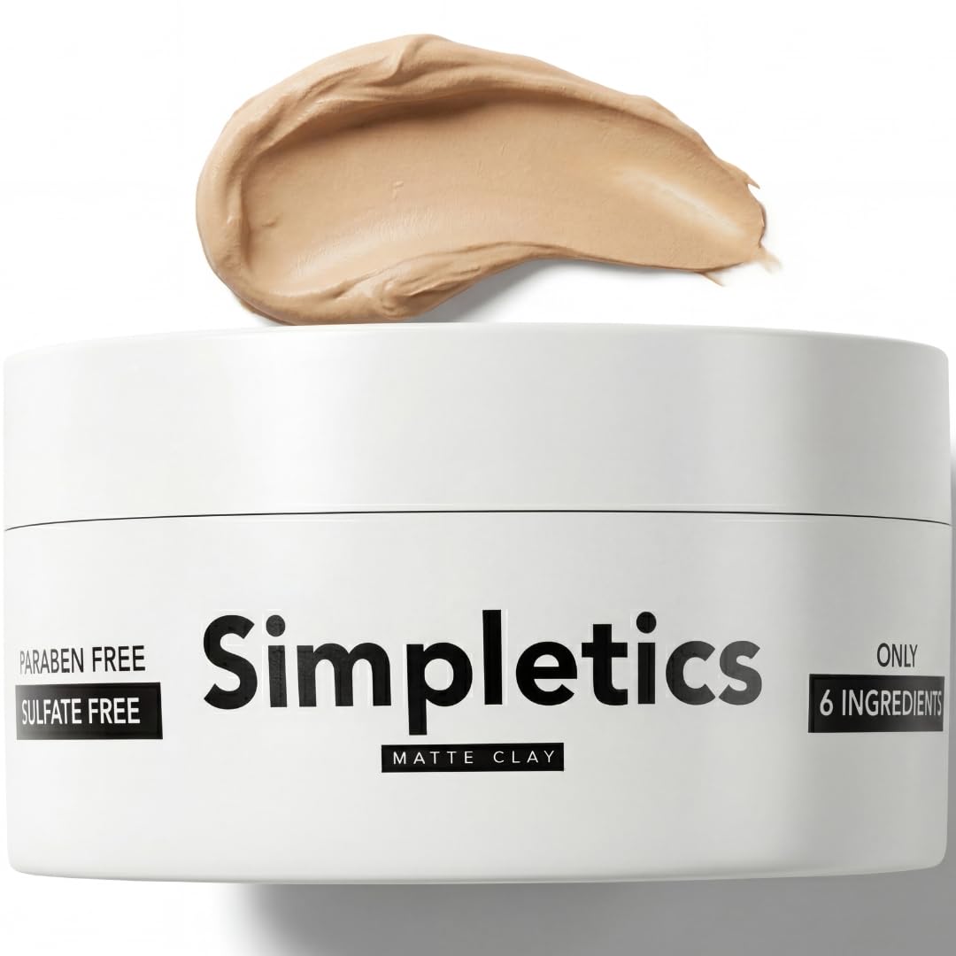 Simpletics Hair Clay for Men (Vanilla Scent) – Natural 6 Ingredient Matte Styling Clay with Beeswax & Coconut Oil – Strong Hold, Water Based, Non-Greasy – Adds Texture & Volume – 2oz
