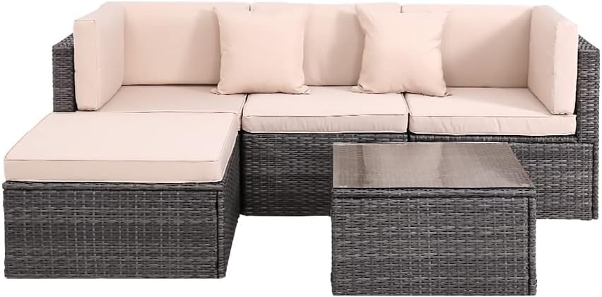 Panana Modular Rattan Garden Sofa Set, 4 Seater Freely Configurable Outdoor Sectional Furniture with Coffee Table, Cushions, Free Cover for Patio Conservatory (Mixed Grey Rattan with Beige Cushions)