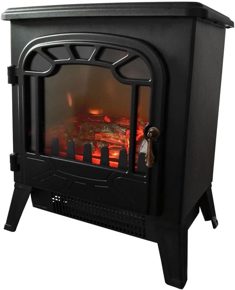 Marco Paul 1850W Black Free Standing Electric Fireplace with Real Flame Effect Multiple Heat Settings and Thermostat Low Energy Silent Mains Powered Heater for Home Living Room or Bedroom