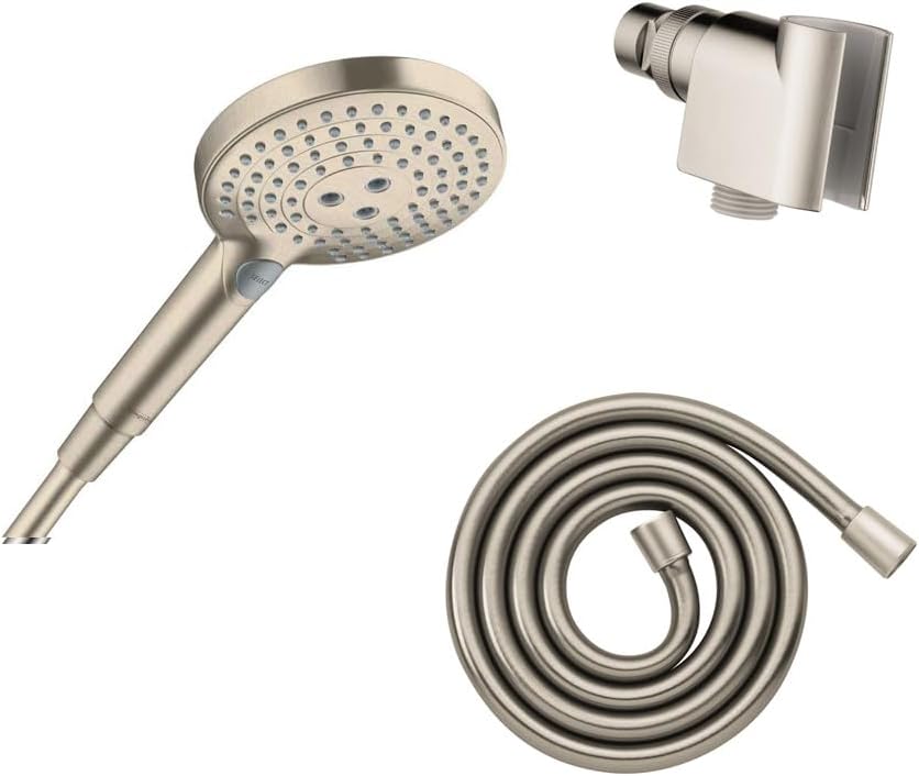 hansgrohe Raindance Select S Adjustable 5-inch Handheld Shower Head Set Modern 3 Spray PowderRain, Full and Massage Easy Install with Hose in Brushed Nickel, 2.5 GPM, 04913820
