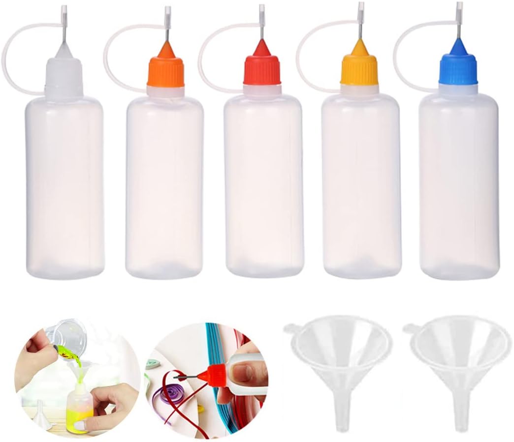 SKYPRO 5 PCS 120ml Empty Glue Bottle with 2PCS Mini Funnels, Plastic Applicator Bottles with Needle Tip Caps for Glue, Liquid, Oil, DIY Craft, Acrylic Painting (Multicolor)