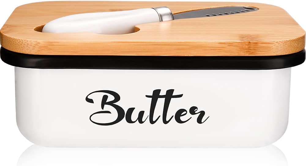 Butter Dish with Lid, Metal Butter Dish with Multi-Functional Knife, Lightweight Unbreakable Butter Container for Countertop Upgrade Double Silicone Seal, 14x5x9cm,White