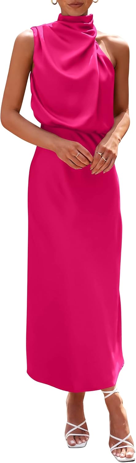 PRETTYGARDEN Women's 2024 Summer Satin Dress Elegant Sleeveless Mock Neck Cocktail Party Maxi Dresses