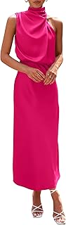 PRETTYGARDEN Women's 2024 Summer Satin Dress Elegant Sleeveless Mock Neck Cocktail Party Maxi Dresses