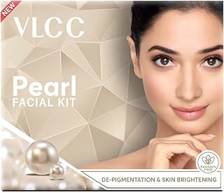 VLCC Natural Pearl Facial Kit - Single Use | Salon Like Facial at Home in Just 6-Steps | Includes Cleanser, Scrub, Cream, Face Pack & Oil Free Gels | 2.12 Oz/60g