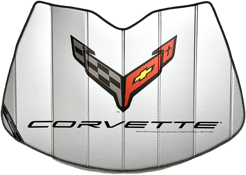 C8 Corvette Accordion Style Sunshade - Insulated Silver Windshield Sun Shade with Logo Foldable for 2020-2025 Stingray, Z51, Z06, E-Ray Corvettes