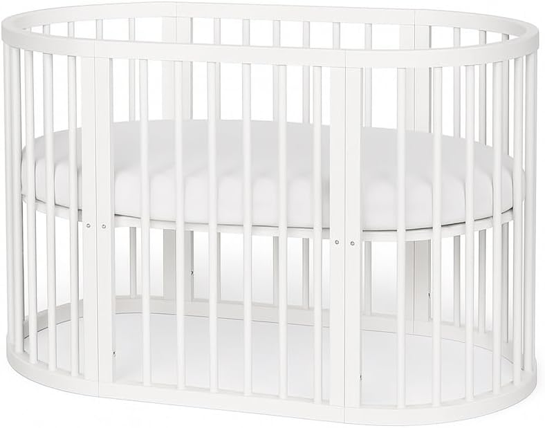Babymam Oval Baby Cot Snoa – Adjustable 5-in-1 Convertible Crib | Modern White Wooden Bed for Newborns & Toddlers