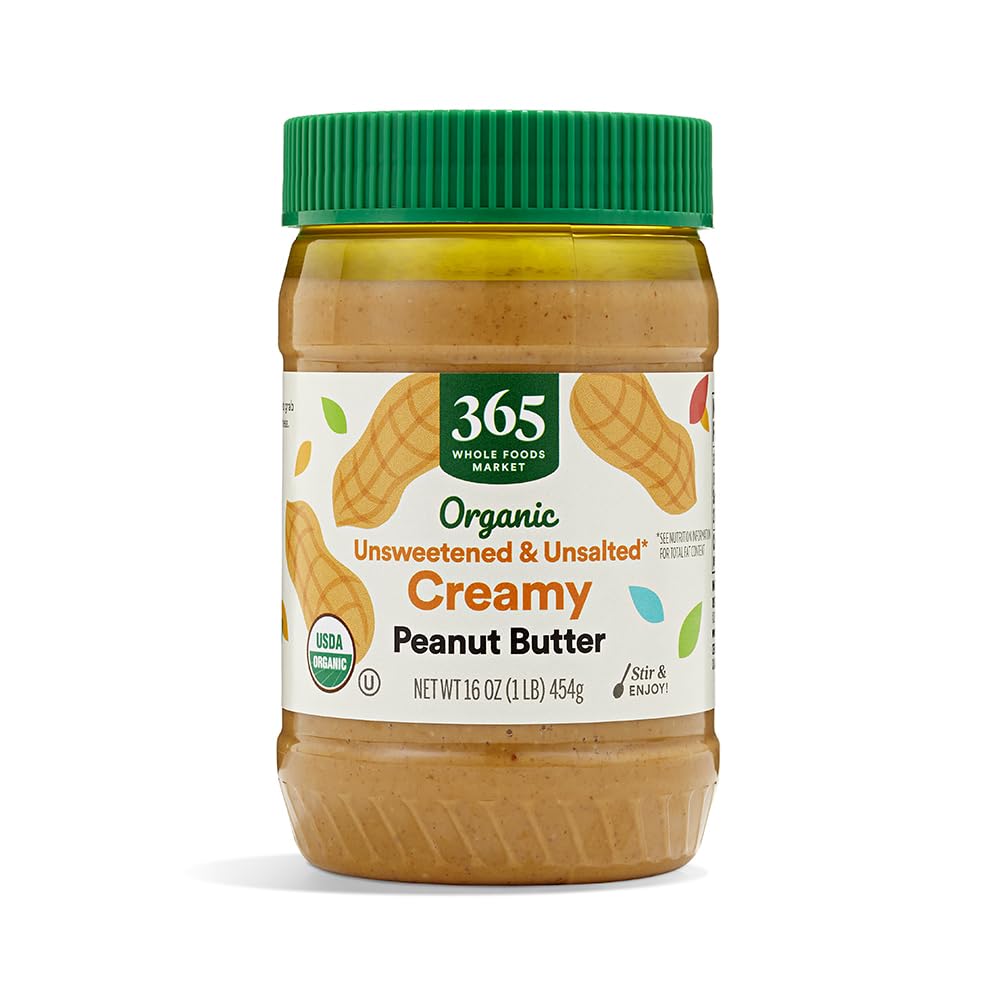 365 by Whole Foods Market, Organic Creamy Peanut Butter, Unsweetened & Unsalted, Stir and Enjoy, 16 Ounce