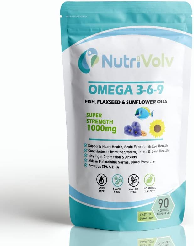 Nutrivolv Omega 3-6-9 | Triple Strength | Fish Oil & Flaxseed Oil Blend | High EPA & DHA | Heart Health, Brain Function & Eye Health | Essential Fatty Acids - 90 Gelatine Softgels