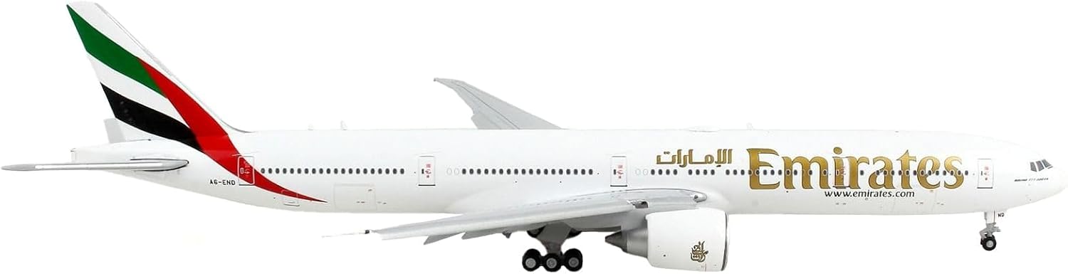 GeminiJets Boeing 777-300ER Commercial Aircraft with Flaps Down Emirates Airlines White with Striped Tail 1/400 Diecast Model Airplane
