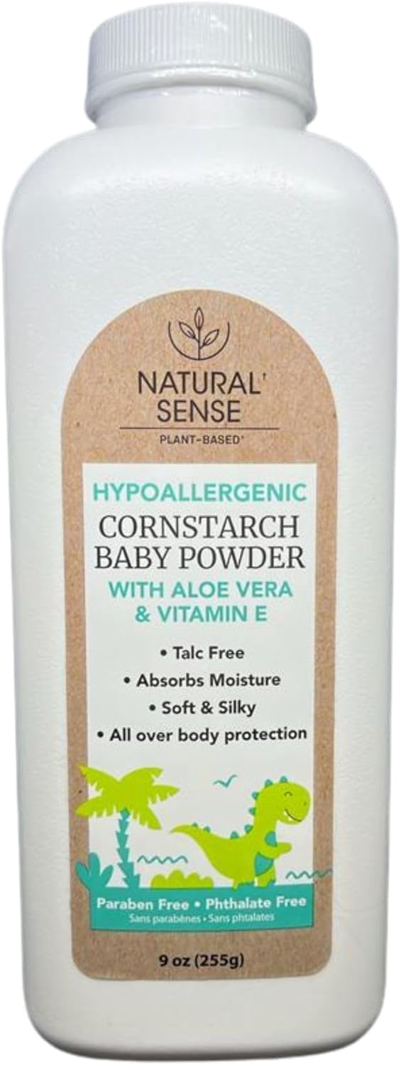 Natural Sense Plant-Based Hypoallergenic Cornstarch Baby Powder with Aloe Vera & Vitamin E, 9oz