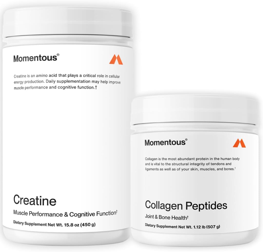 Momentous Creatine Monohydrate Powder & Grass-Fed Collagen Peptides Powder Stack - Supports Strength, Lean Muscle, & Recovery - FORTIGEL & Vitamin C for Hair, Skin, Nails, & Joint Health Support