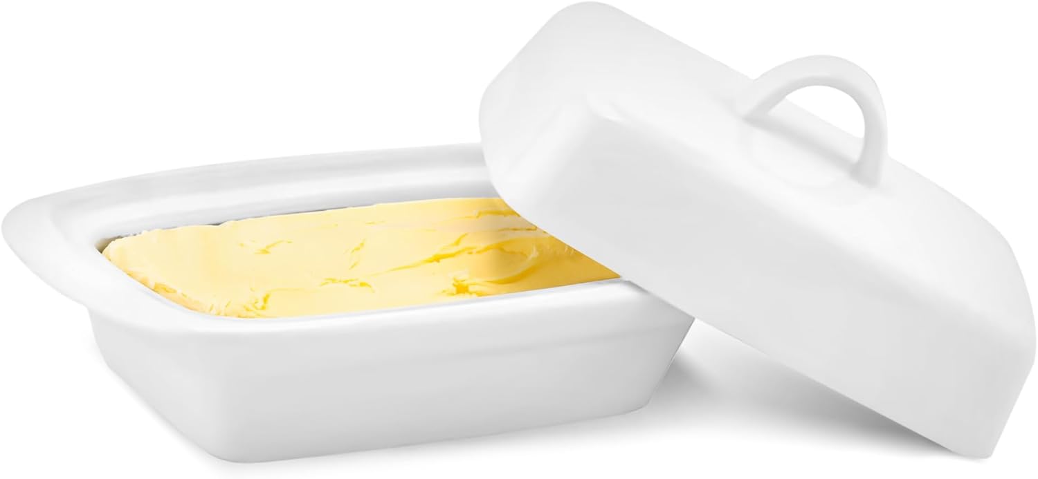 Ceramic Butter Dish with Lid Large | White Butter Container for Countertop 17.5L X 9W X 11.5H (cm) | Ceramic Butter Dishes with Handle | Butter Storage Container for Refrigerator with Lid