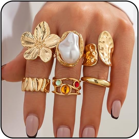6PCS Gold Rings for Women Non Tarnish Flower Rings for Women Gold Chunky Rings Gold Stackable Rings for Women Silver Statement Rings Baroque Pearl Ring Vintage Knuckle Rings Chunky Gold Jewelry