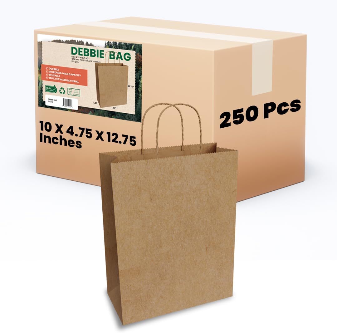 TEEK EJ22 FSC Certified 10 X 4.75 X 12.75 Inches 250 PCS Debbie Brown Paper Bags with Handles - Brown Gift Bags, Kraft Paper Bag with Twisted Handles, Shopping Bags for Small Business, Retail Stores