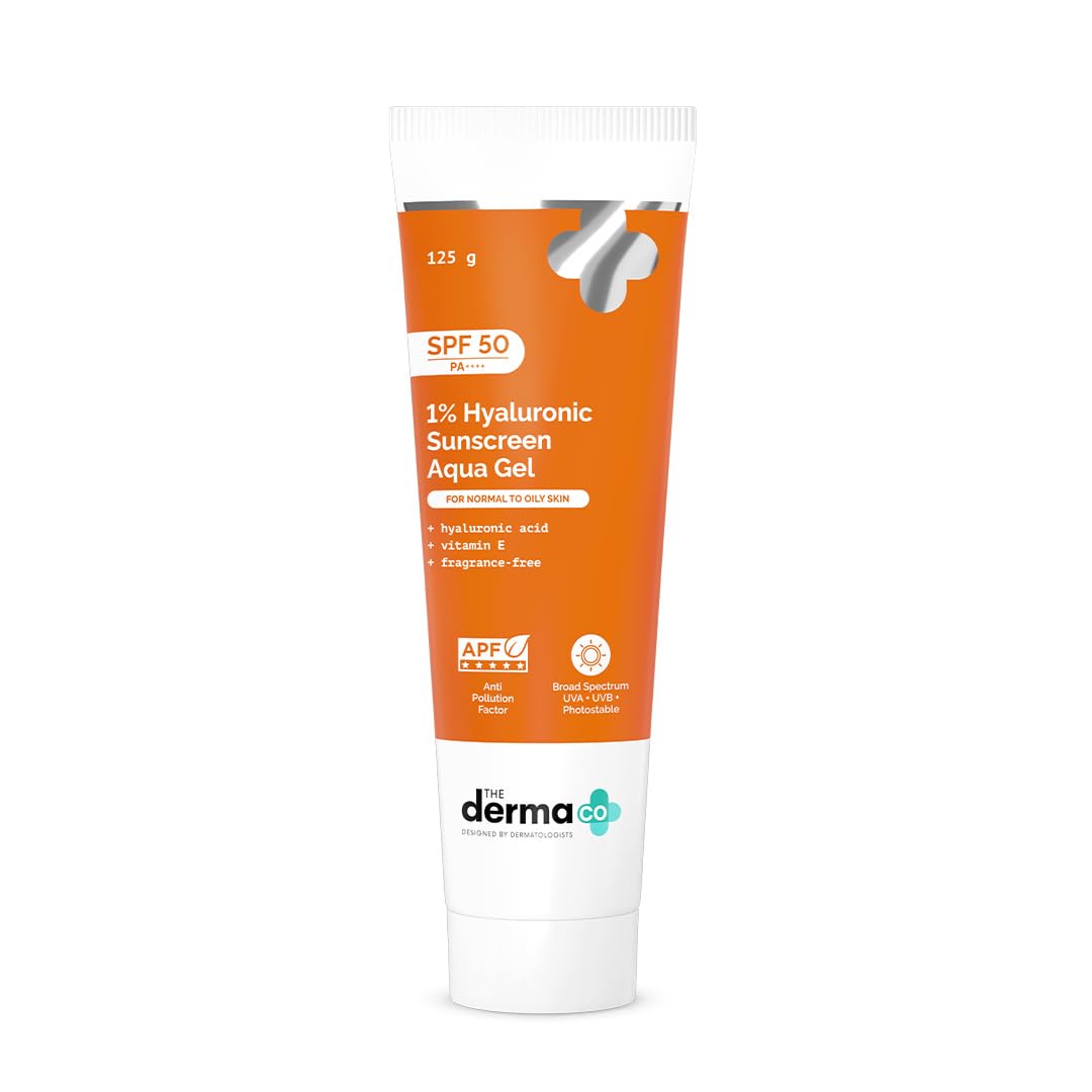 The Derma Co 1% Hyaluronic Sunscreen Aqua Gel SPF 50 PA++++, 125 g | Hydrating, Lightweight & Non-Greasy Face Sunscreen | No White Cast | Broad-Spectrum UV & Blue Light Protection | For Men & Women