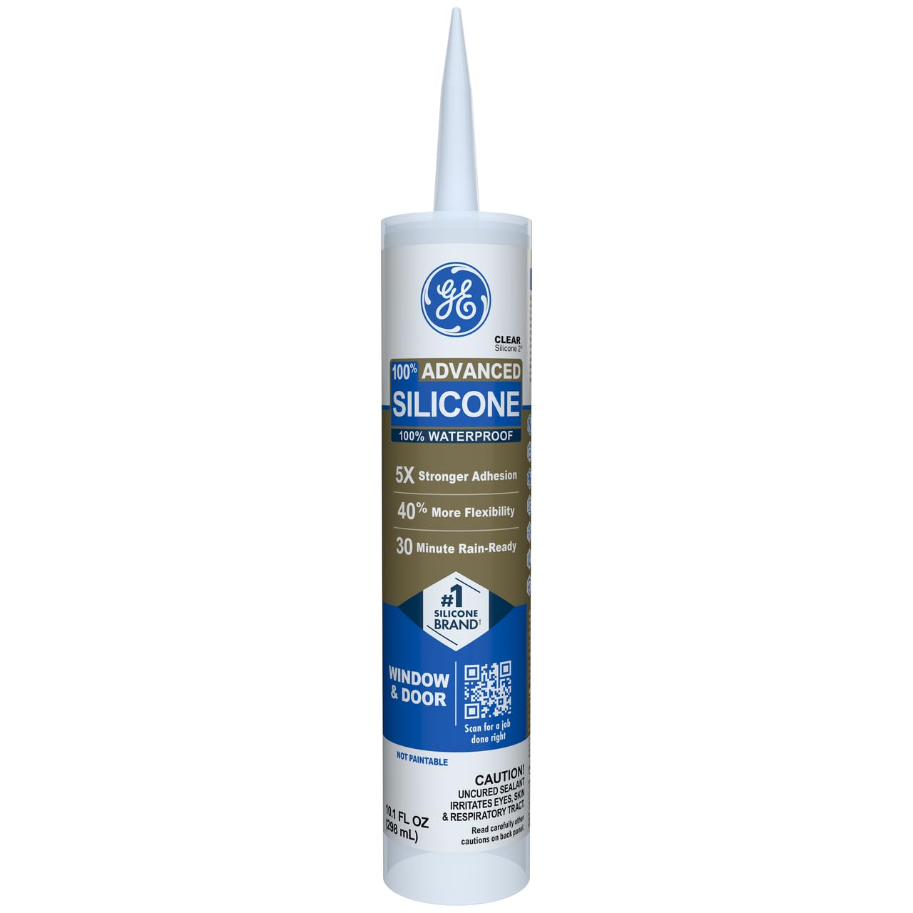 GE Advanced Silicone Caulk for Window & Door, Clear, 10 fl oz Cartridge, 1 Pack - 100% Waterproof Silicone Sealant, 5X Stronger Adhesion, Shrink & Crack Proof