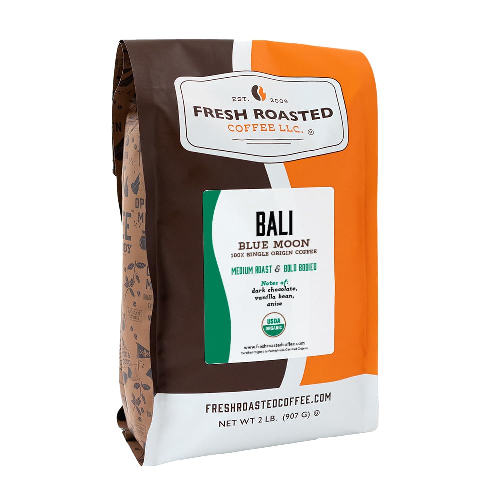 Fresh Roasted Coffee, Organic Bali Blue Moon Whole Bean Coffee, Medium Roast, USDA Organic, Kosher, 2 lb (32 oz)