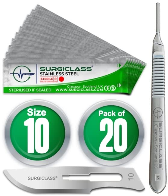 Scalpel Blades # 10 Stainless Steel Sterile Scalpel Surgical Blades Pack of 20 and Steel Handle for Wood Art, Surgical, Sculpting, Repairs, Lab Anatomy, Sign, Card Making Lab Training SURGIGR10-20