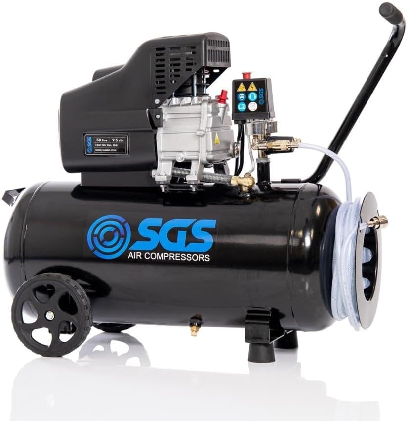 SGS 50 Litre Direct Drive Air Compressor with Integrated Hose Reel - 9.5CFM 2.5HP 50L