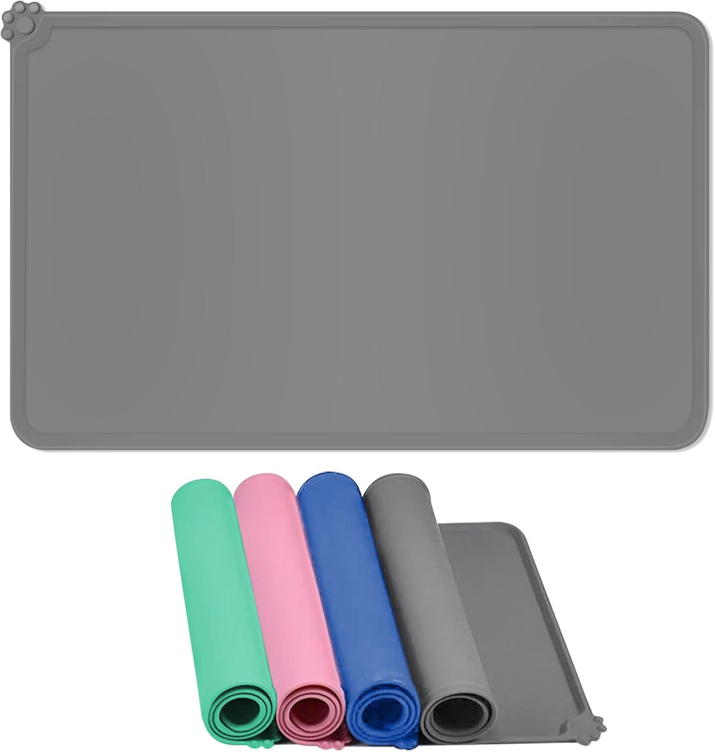 Waterproof Pet Feeding Mats with High Lips - Multiple Size and Colors, Silicone Mat, Nonslip Pet Food Mat for Dogs, Cats (Grey, 48 x 30cm)